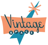 This image features a retro-themed logo with the words "Vintage Space" in stylized text, accompanied by a starburst design and geometric shapes.