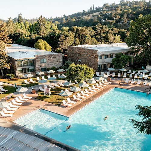 The image shows a hotel pool area with loungers, umbrellas, and people swimming, surrounded by greenery and modern buildings.