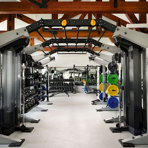 The image shows a modern gym with various fitness equipment, including weight racks, cable machines, and other workout stations.