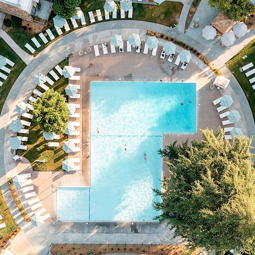 This image displays an aerial view of a swimming pool surrounded by lounge chairs and greenery, forming a circular pattern.