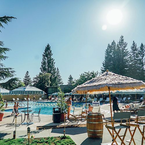 A sunny outdoor pool area with lounge chairs, umbrellas, and tables amidst trees and people enjoying the leisure space.