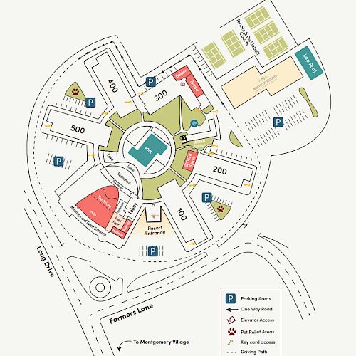 This image is a campus map showing buildings, parking areas, and access routes. Key locations and directions are marked for easy navigation.