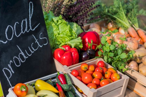 A market display featuring various fresh vegetables such as peppers, tomatoes, potatoes, and greens with a chalkboard sign reading 