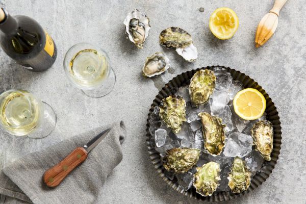 A plate with oysters on ice, lemon halves, wine glasses, a bottle of wine, a knife, and a citrus squeezer arranged on a gray surface.