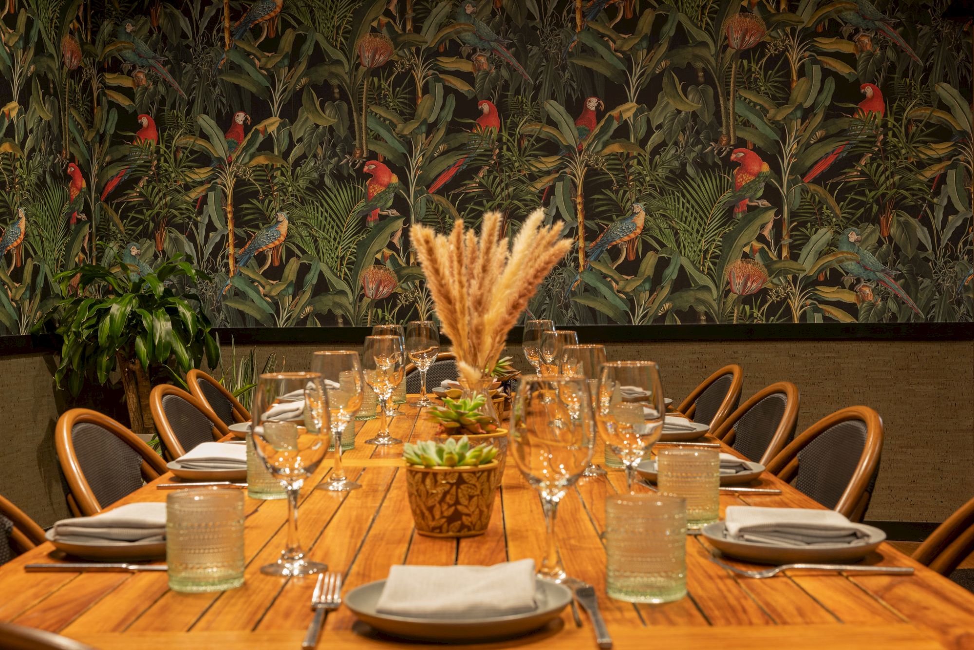 A dining table set with plates, glasses, and a centerpiece of dried plants and succulents, against a backdrop of tropical-themed wallpaper.