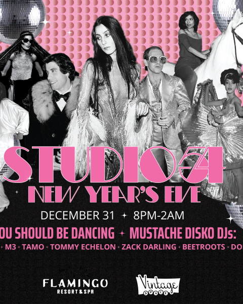 Promotional image for a Studio 54 New Year's Eve event on December 31, 8PM-2AM, featuring Mustache Disko DJs.