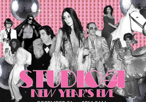 Promotional image for a Studio 54 New Year's Eve event on December 31, 8PM-2AM, featuring Mustache Disko DJs.