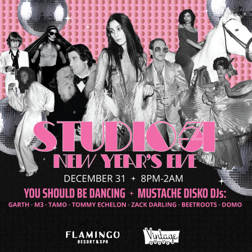 Promotional image for a Studio 54 New Year's Eve event on December 31, 8PM-2AM, featuring Mustache Disko DJs.