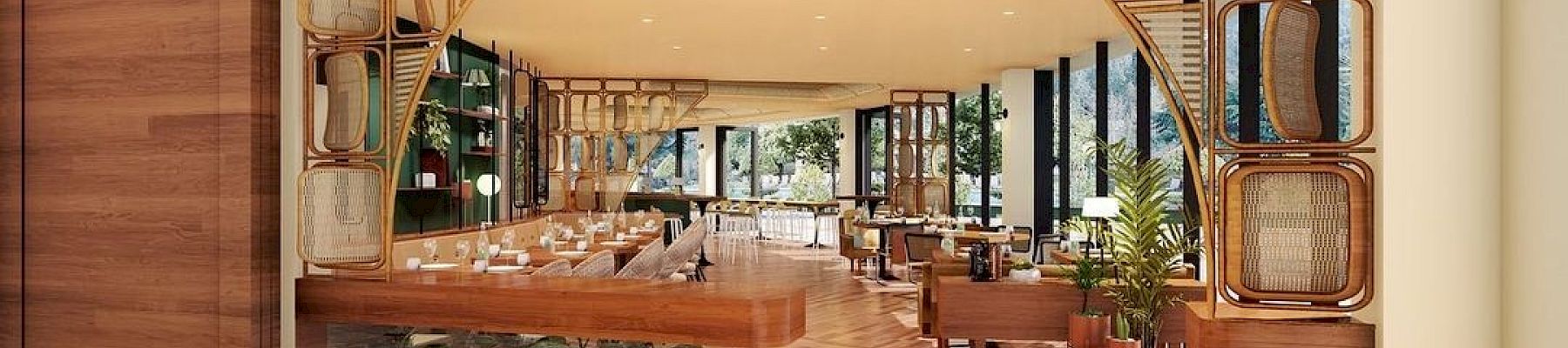 The image features the interior of a modern restaurant with wooden decor, ample natural light, indoor plants, and a welcoming ambiance.