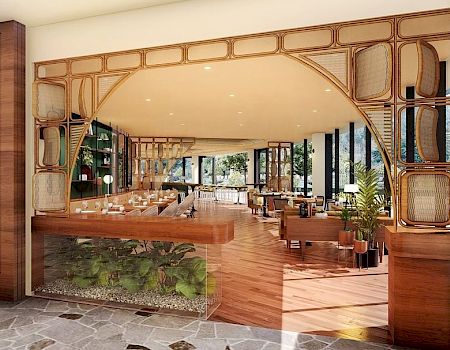 The image features the interior of a modern restaurant with wooden decor, ample natural light, indoor plants, and a welcoming ambiance.