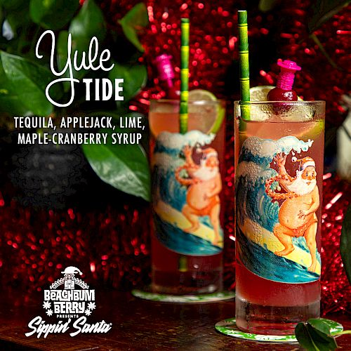 Festive cocktail with tequila, applejack, lime, and maple-cranberry syrup in colorful glasses, labeled 