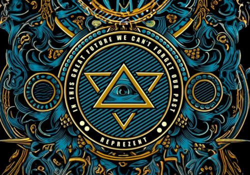 The image features intricate, ornate designs with a central motif of a triangle containing an eye, surrounded by text and elaborate blue and gold patterns.