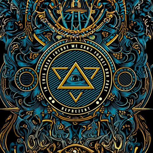 The image features intricate, ornate designs with a central motif of a triangle containing an eye, surrounded by text and elaborate blue and gold patterns.