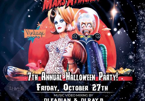 Flyer for the 7th Annual Halloween Party on Friday, October 27th. Event by DJ Fabian & Vintage Space with music mixing by DJ Fabian & DJ Ray B.