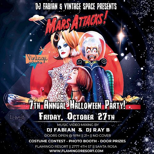 Flyer for the 7th Annual Halloween Party on Friday, October 27th. Event by DJ Fabian & Vintage Space with music mixing by DJ Fabian & DJ Ray B.