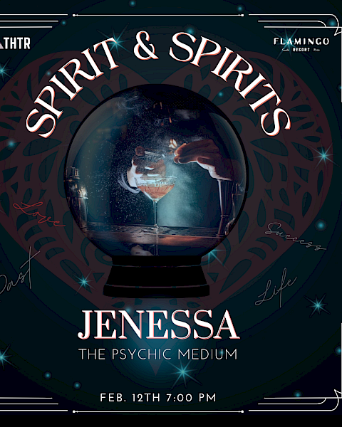 Promotional image for "Spirit & Spirits" event featuring psychic medium Jenessa, taking place on Feb. 12th at 7:00 PM.