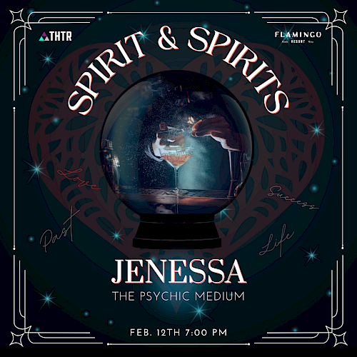 Promotional image for "Spirit & Spirits" event featuring psychic medium Jenessa, taking place on Feb. 12th at 7:00 PM.