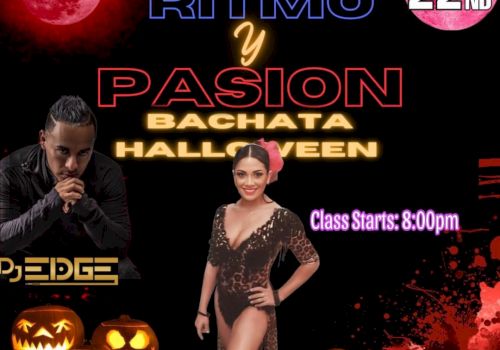 A Halloween-themed Bachata event at Flamingo Resort on October 22 presented by DJ Edge, with a class starting at 8:00 pm featuring dance instructor Isa.