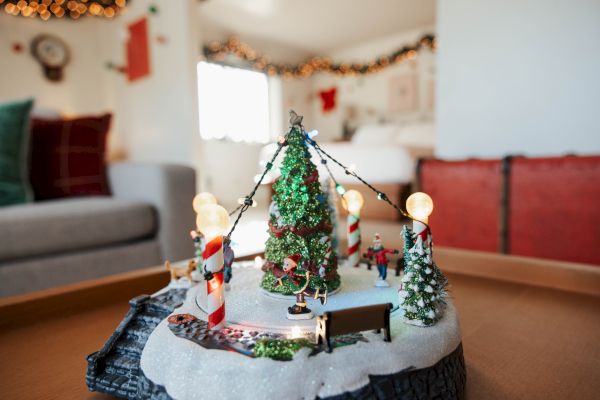 A festive miniature scene features a decorated Christmas tree, snowman, and holiday lights on a table in a cozy room.