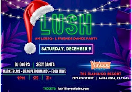 The image is an advertisement for LUSH, an LGBTQ+ & Friends Dance Party on Saturday, December 9 at 9 PM at The Flamingo Resort.