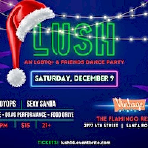 The image is an advertisement for LUSH, an LGBTQ+ & Friends Dance Party on Saturday, December 9 at 9 PM at The Flamingo Resort.