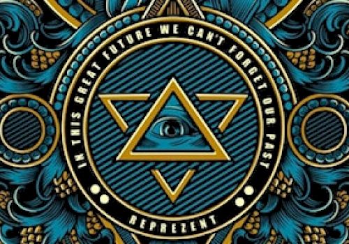 The image features intricate art with an eye within a triangle, surrounded by a circular text that reads, 