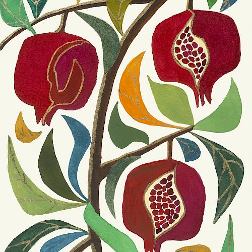 The image displays a colorful, artistic representation of pomegranates and leaves on a branch, set against a light background.