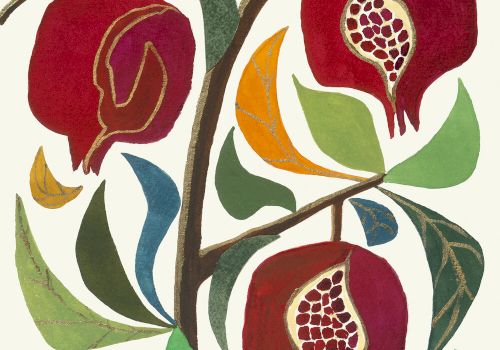 A stylized illustration of pomegranates on a branch with colorful abstract leaves in the background ends the sentence.