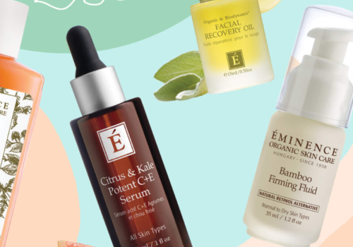 The image shows various skincare products, including a serum, facial recovery oil, and firming fluid from the brand Eminence Organics.