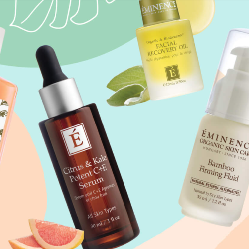 The image shows various skincare products, including a serum, facial recovery oil, and firming fluid from the brand Eminence Organics.