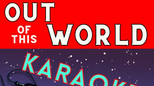 The image is a poster for "Out of This World Karaoke," hosted by KJ Danny D, happening every Wednesday and presented by Vintage Vinyl.