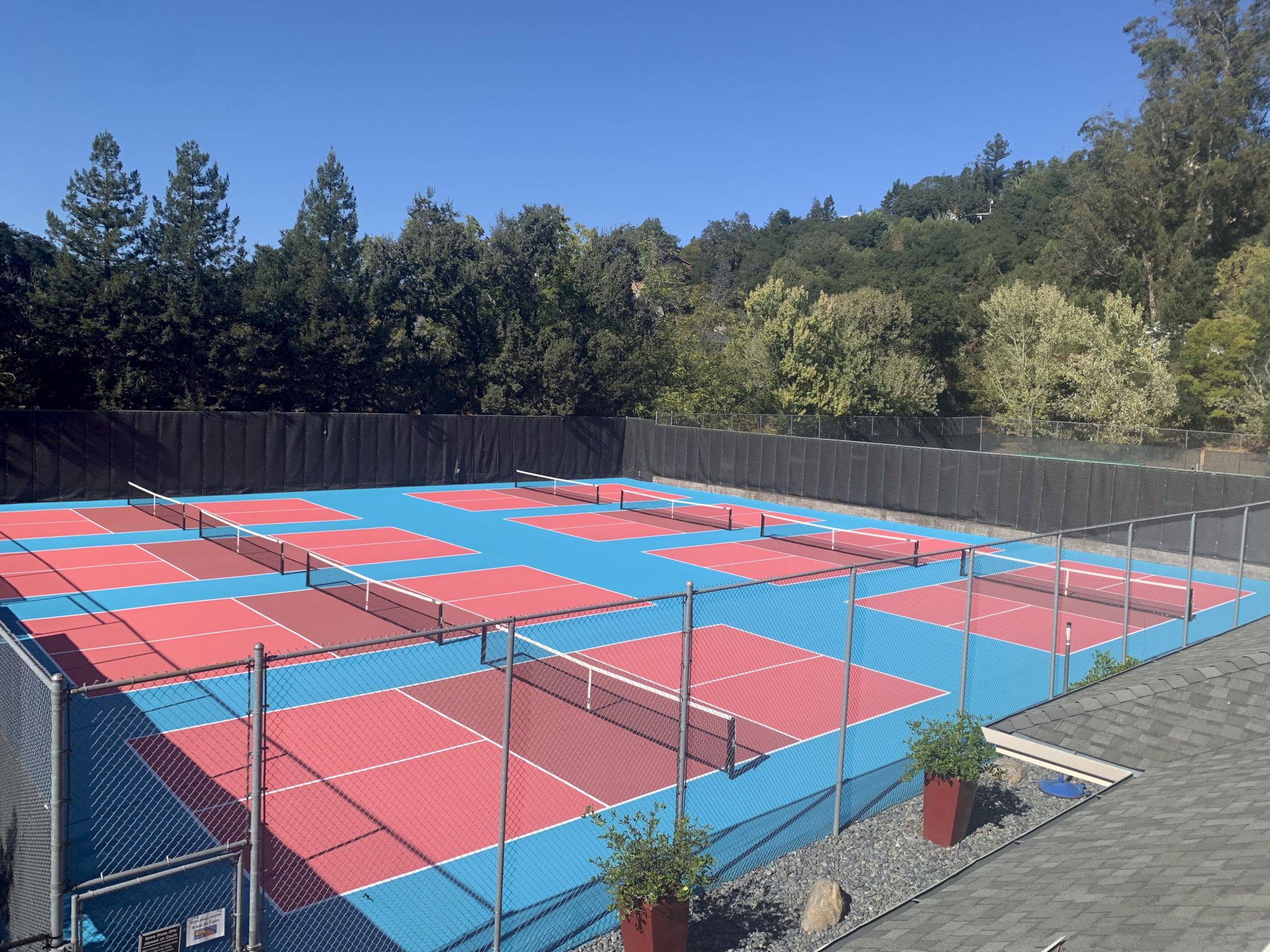 The image shows multiple pickleball courts with red surfaces and blue outlining, surrounded by fencing and trees in the background.