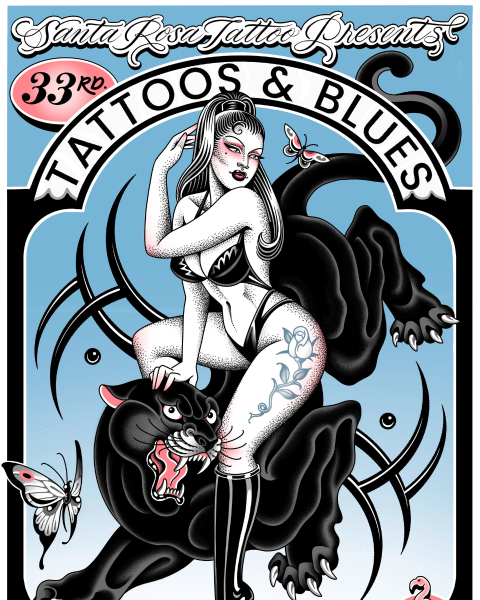 Poster for the 33rd Tattoos & Blues event at The Flamingo Resort, February 28th-March 2nd, featuring a pin-up with a panther.