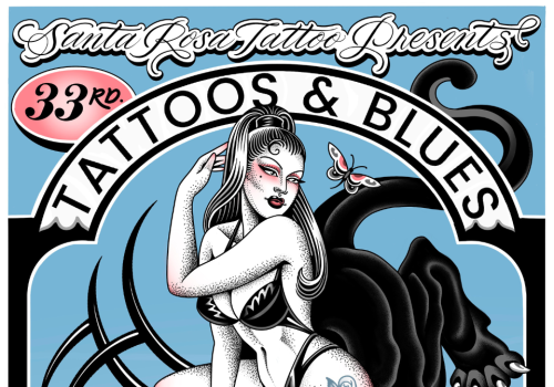 Poster for the 33rd Tattoos & Blues event at The Flamingo Resort, February 28th-March 2nd, featuring a pin-up with a panther.