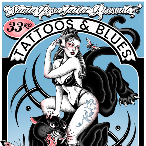 Poster for the 33rd Tattoos & Blues event at The Flamingo Resort, February 28th-March 2nd, featuring a pin-up with a panther.