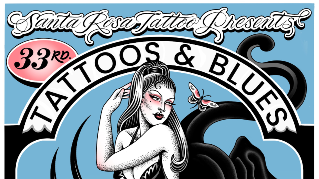 Poster for the 33rd Tattoos & Blues event at The Flamingo Resort, February 28th-March 2nd, featuring a pin-up with a panther.