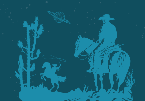 A silhouette of a cowboy on horseback, another horse, and desert plants feature against a space background with stars and a planet.