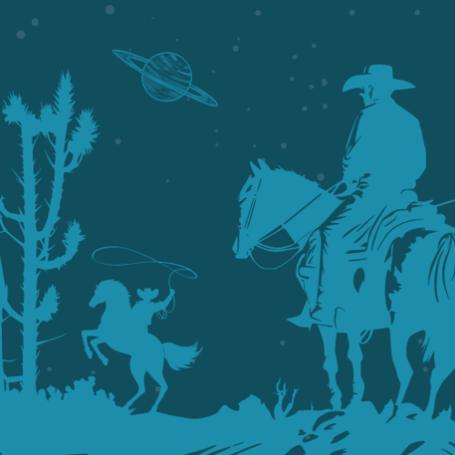 A silhouette of a cowboy on horseback, another horse, and desert plants feature against a space background with stars and a planet.