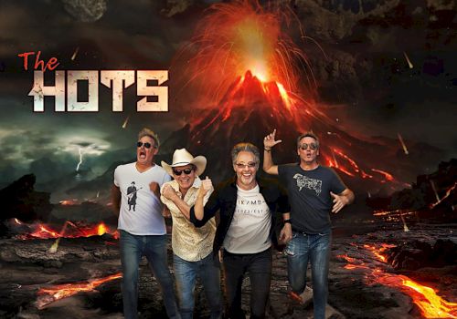 Four people stand in front of a volcanic eruption. The text 