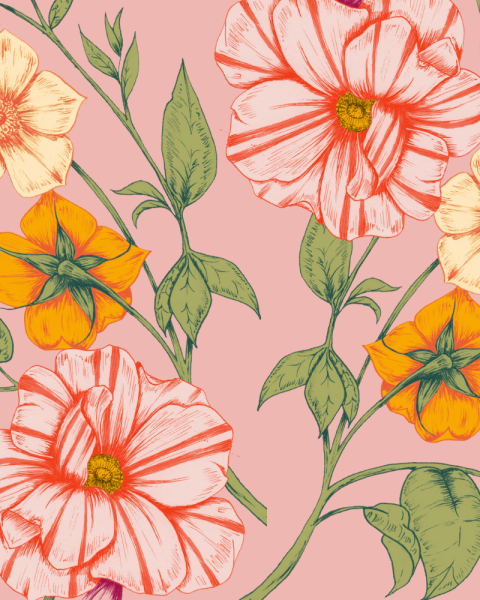 The image shows a floral pattern with large pink and yellow flowers, green leaves, and stems on a pink background.