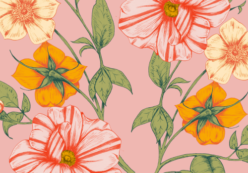 The image shows a floral pattern with large pink and yellow flowers, green leaves, and stems on a pink background.