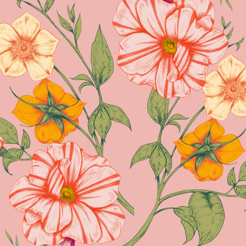 The image shows a floral pattern with large pink and yellow flowers, green leaves, and stems on a pink background.