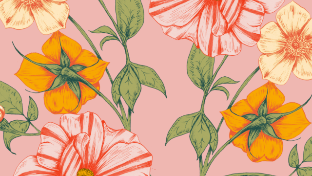 The image shows a floral pattern with large pink and yellow flowers, green leaves, and stems on a pink background.