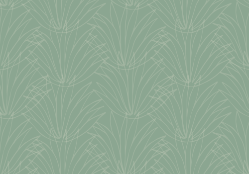 This image shows a pattern of abstract, white, leaf-like lines on a mint green background, creating a repeating, geometric design overall.