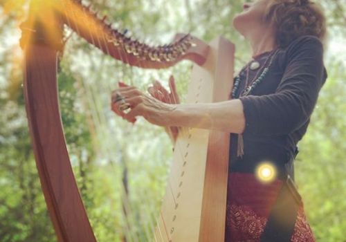 A person is playing a harp in a sunlit forest, captured from a low angle, with beams of sunlight creating a warm, serene atmosphere.