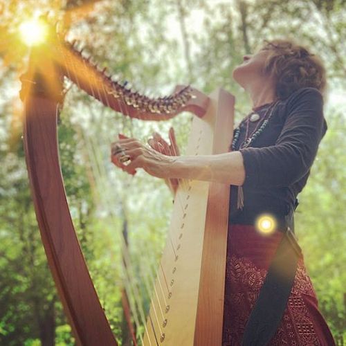 A person is playing a harp in a sunlit forest, captured from a low angle, with beams of sunlight creating a warm, serene atmosphere.