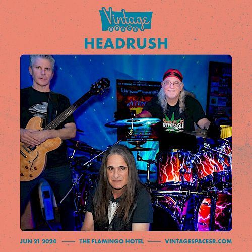 This image is a promotional poster for a band named Headrush, playing at The Flamingo Hotel on June 21, 2024, as part of Vintage Space.