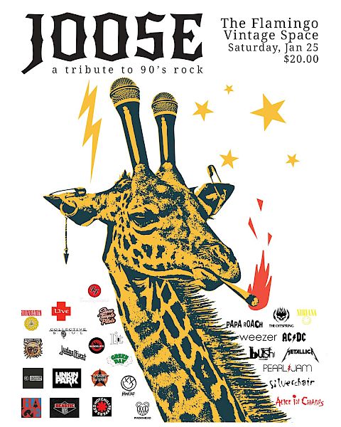 Image of a concert poster for "JOOSE - a tribute to 90s rock" featuring a giraffe with microphone horns. Event at The Flamingo Vintage Space.