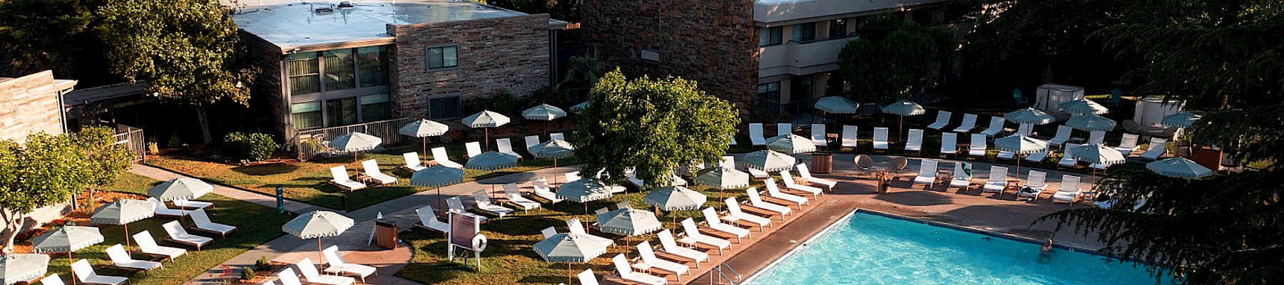 The image shows a serene outdoor pool surrounded by lounge chairs and umbrellas, with buildings and lush greenery in the background.