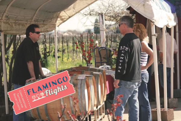 Three people at a wine-tasting event under a canopy, with wine barrels and a "Flamingo Flights" ticket overlaying the image.